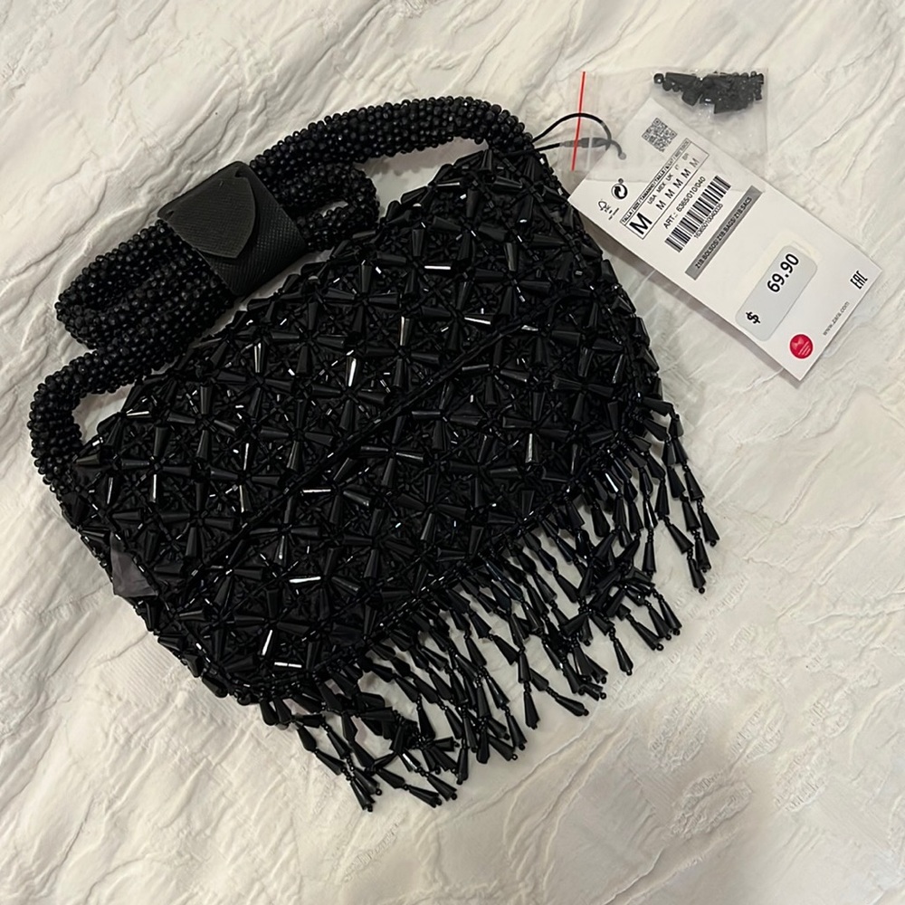 NWT Zara Black Beaded Evening Cross body Clutch